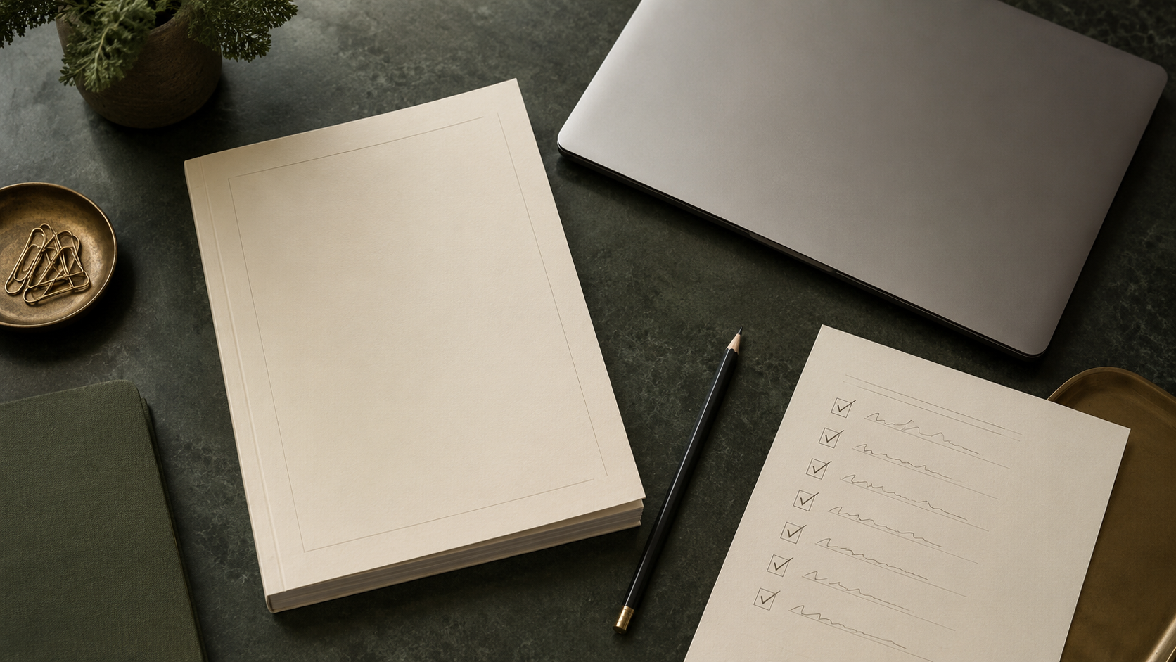 A printed proof copy beside a closed laptop and pencil, symbolising an author releasing a finished work.