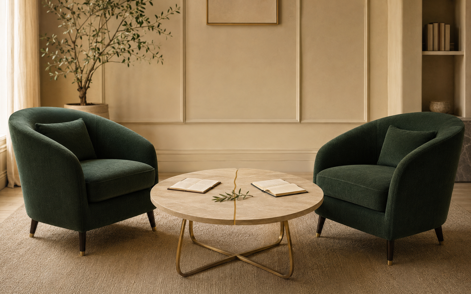 Two equal chairs and open notebooks facing each other across a calm table, symbolising boundaries and repair during marital conflict.